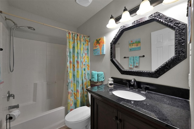 full bath featuring shower / tub combo with curtain, vanity, and toilet