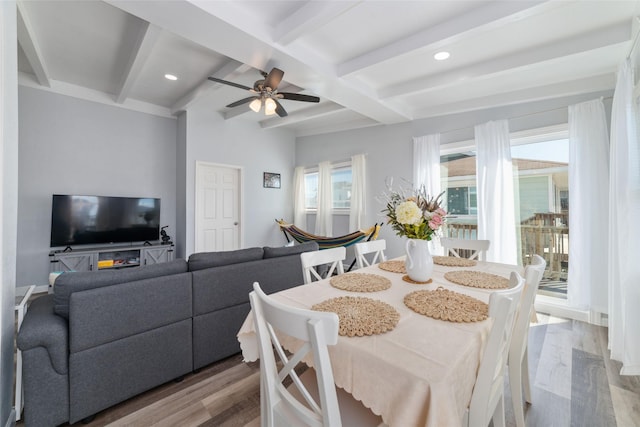 dining space featuring beamed ceiling, light wood-type flooring, a ceiling fan, and recessed lighting