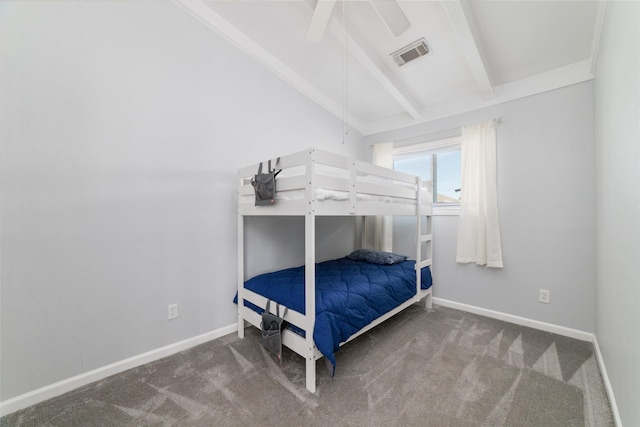 bedroom featuring baseboards, visible vents, ceiling fan, vaulted ceiling with beams, and carpet flooring