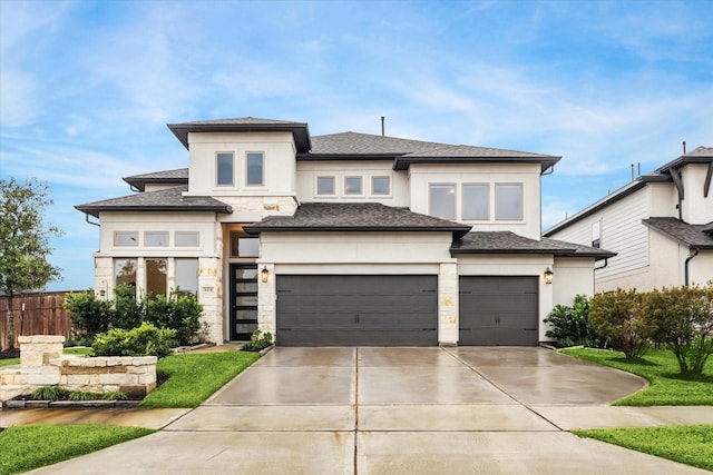 prairie-style house with a garage, fence, concrete driveway, and stucco siding