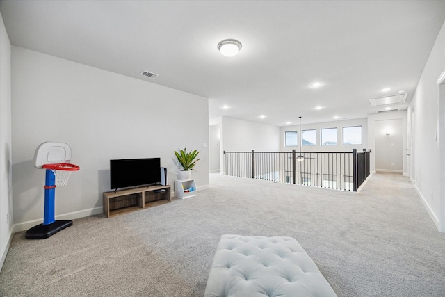 9410 Knollwood Ln, Missouri City, TX 77459 - interior space featuring recessed lighting, visible vents, light carpet, and baseboards