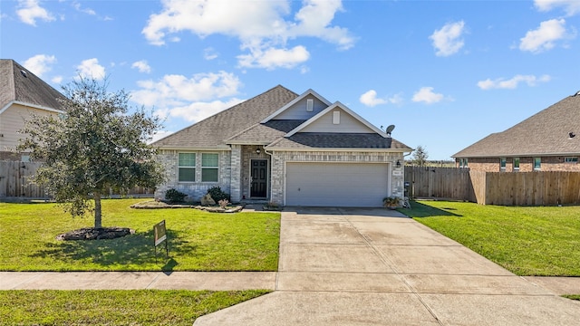 view of front facade featuring an attached garage, fence, concrete driveway, roof with shingles, and a front lawn