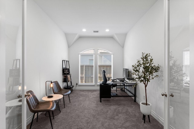 home office featuring lofted ceiling, recessed lighting, carpet floors, visible vents, and baseboards