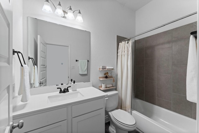 bathroom with vanity, toilet, and shower / tub combo with curtain