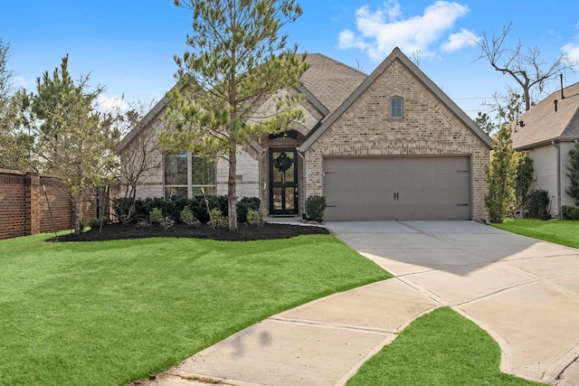 french country inspired facade featuring a front lawn, concrete driveway, and brick siding