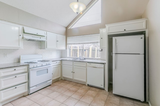 kitchen featuring vaulted ceiling, white appliances, white cabinetry, and under cabinet range hood