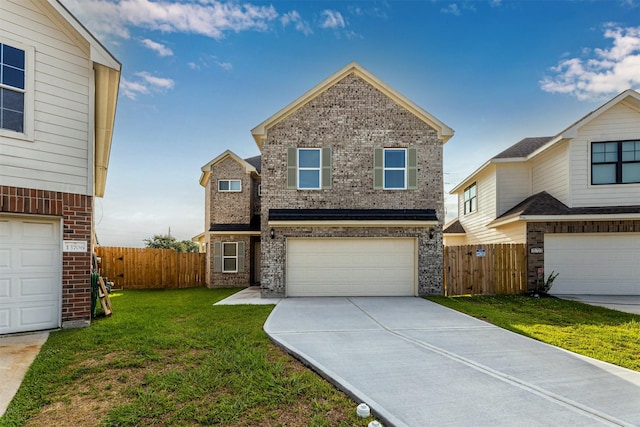 view of front of property with brick siding, fence, and a front lawn