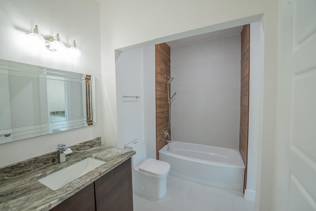 full bath featuring tile patterned flooring, bathing tub / shower combination, vanity, and toilet