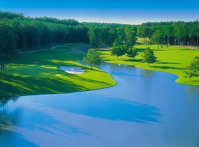 surrounding community with a water view, a forest view, and view of golf course