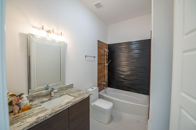 bathroom with visible vents, toilet, vanity, shower / tub combination, and tile patterned floors