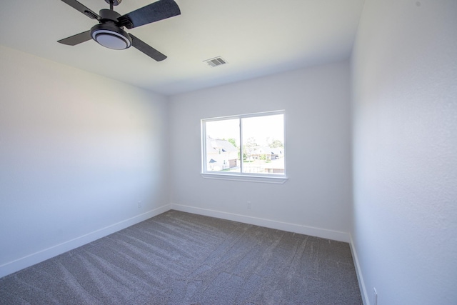 spare room with carpet flooring, visible vents, ceiling fan, and baseboards