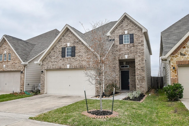 traditional-style house with concrete driveway, brick siding, and a front lawn