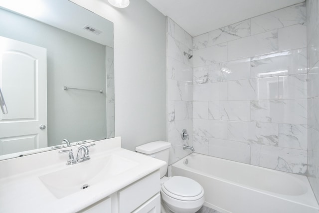 full bath featuring toilet, visible vents, tub / shower combination, and vanity