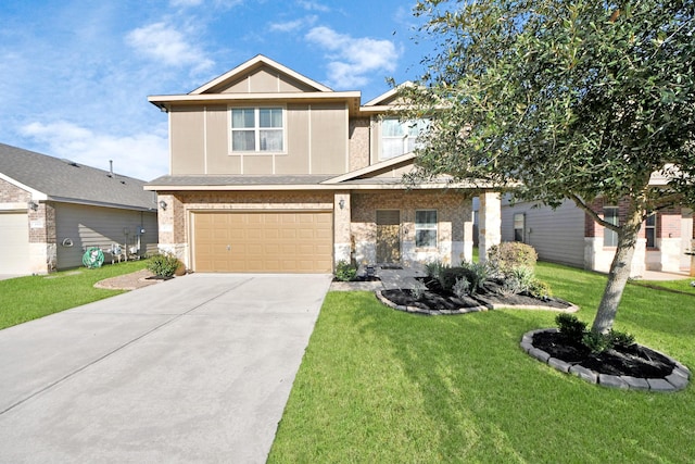 craftsman inspired home with an attached garage, driveway, a front lawn, and brick siding