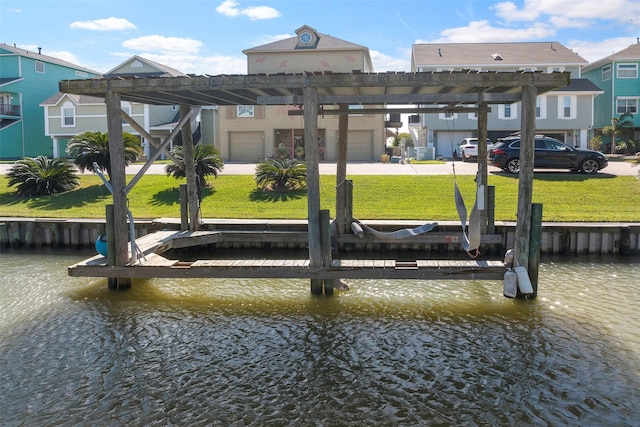 view of dock featuring a lawn, a water view, boat lift, and a pergola