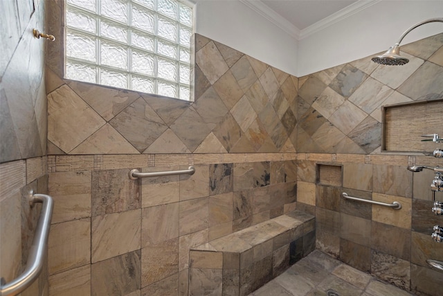 full bathroom with crown molding and tiled shower