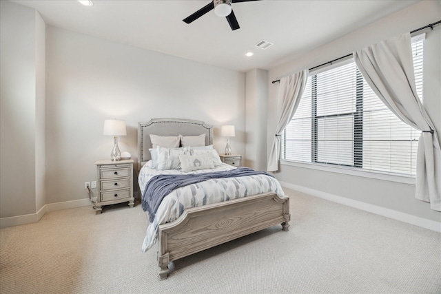 bedroom featuring recessed lighting, visible vents, a ceiling fan, carpet flooring, and baseboards