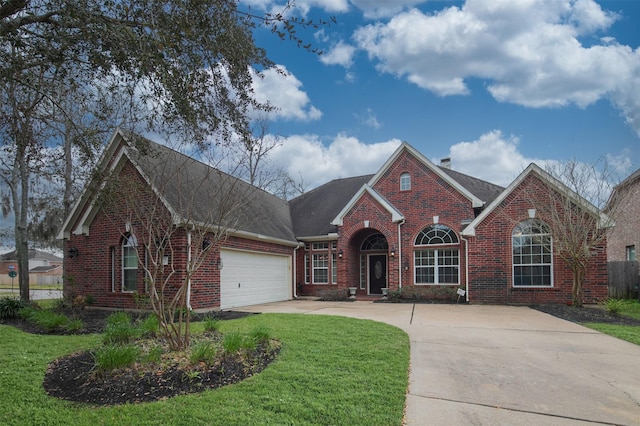 traditional home featuring a garage, a front lawn, concrete driveway, and brick siding