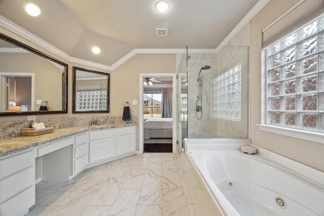 bathroom with connected bathroom, lofted ceiling, a tub with jets, ornamental molding, and marble finish floor