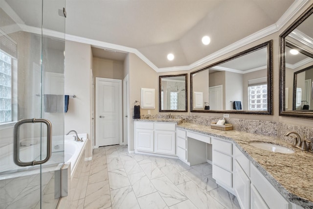 bathroom featuring double vanity, a sink, marble finish floor, vaulted ceiling, and a bath