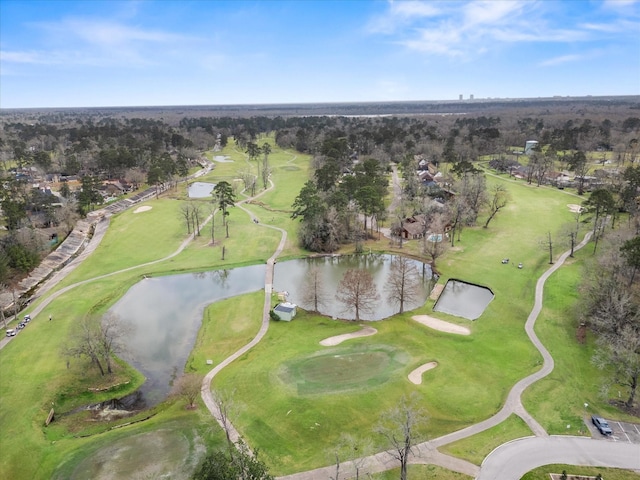 aerial view featuring a water view and view of golf course