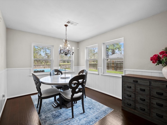 dining space featuring a wainscoted wall, visible vents, dark wood finished floors, and a chandelier