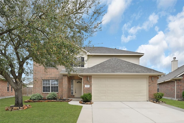 traditional home featuring a garage, brick siding, driveway, roof with shingles, and a front lawn