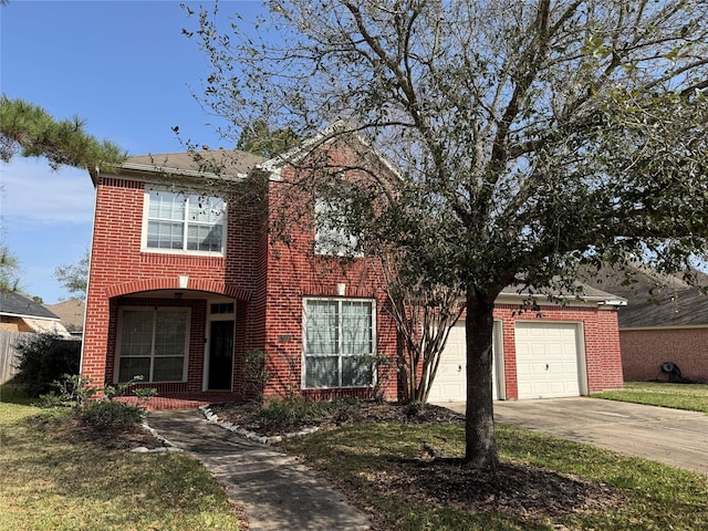 view of front of property with concrete driveway, brick siding, and an attached garage