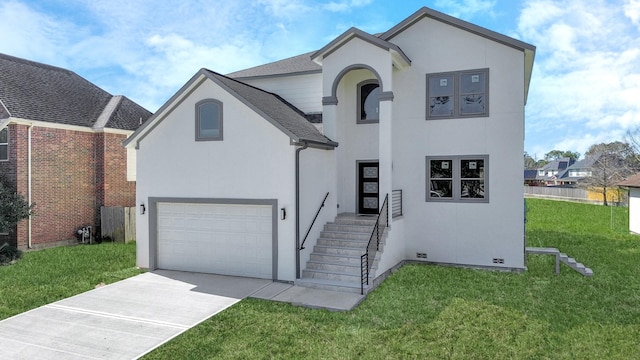 view of front facade featuring concrete driveway, a front lawn, and stucco siding