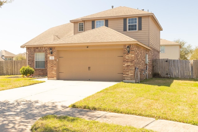 traditional-style house with brick siding, roof with shingles, a front yard, and fence