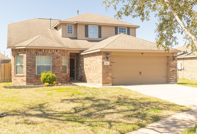 view of front of home featuring driveway, a front lawn, brick siding, and an attached garage