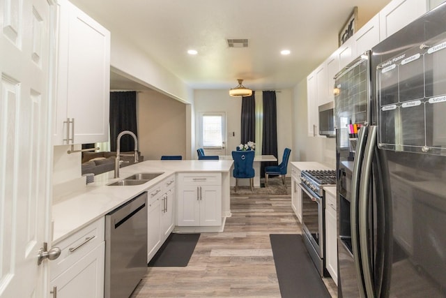 kitchen with visible vents, a peninsula, a sink, appliances with stainless steel finishes, and white cabinetry