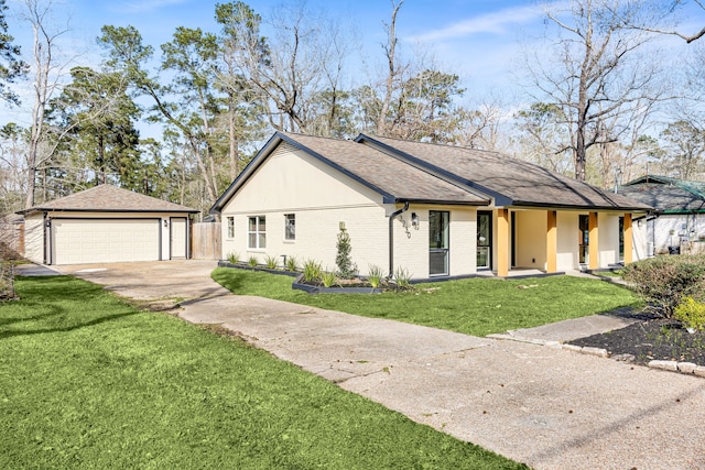 view of front of home with a garage, roof with shingles, brick siding, and a front lawn