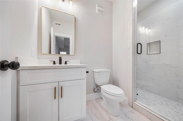 bathroom featuring toilet, visible vents, vanity, marble finish floor, and a marble finish shower