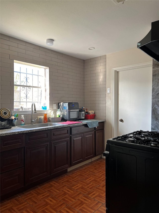 kitchen with tasteful backsplash, range hood, dark brown cabinets, a sink, and gas stove