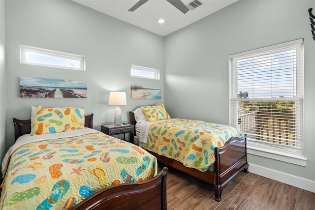 22318 Vista Del Mar, Galveston, TX 77554 - bedroom featuring visible vents, baseboards, ceiling fan, recessed lighting, and wood finished floors