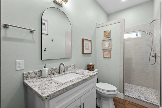 22318 Vista Del Mar, Galveston, TX 77554 - bathroom featuring toilet, a tile shower, vanity, and wood finished floors