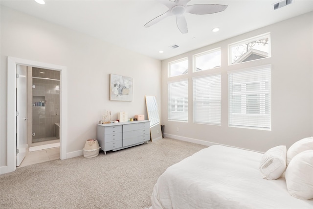 bedroom with light carpet, baseboards, visible vents, and recessed lighting