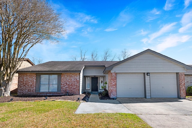 ranch-style house with a front yard, brick siding, driveway, and an attached garage