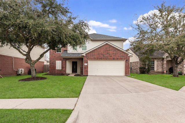 traditional-style home featuring a garage, concrete driveway, brick siding, and a front yard