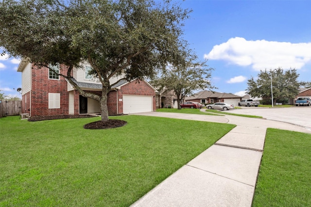 view of front of home with a garage, concrete driveway, brick siding, and a front lawn