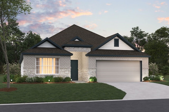 view of front of house featuring a garage, concrete driveway, stone siding, roof with shingles, and a front yard