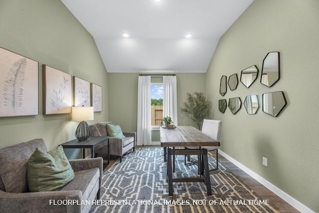 home office featuring recessed lighting, vaulted ceiling, baseboards, and wood finished floors