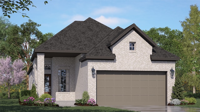 view of front of home featuring brick siding, driveway, and a shingled roof