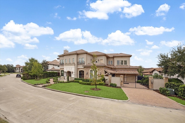 mediterranean / spanish house with a fenced front yard, driveway, a gate, stucco siding, and a chimney