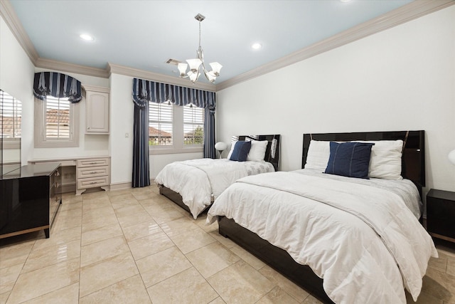 bedroom featuring visible vents, multiple windows, ornamental molding, and a notable chandelier