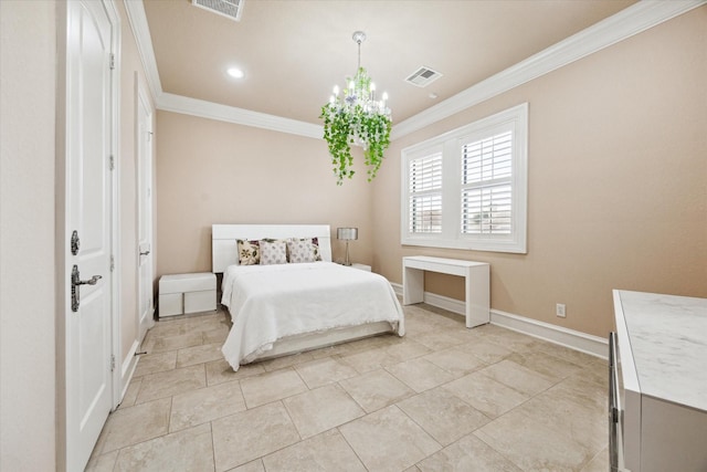 bedroom with a chandelier, visible vents, crown molding, and baseboards