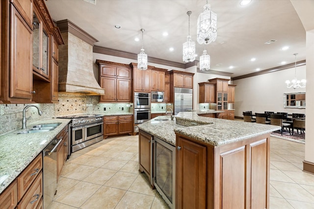 kitchen featuring wine cooler, custom exhaust hood, light tile patterned floors, a sink, and built in appliances