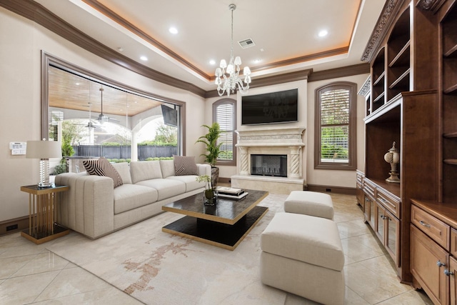 living area featuring a raised ceiling, visible vents, crown molding, and light tile patterned floors