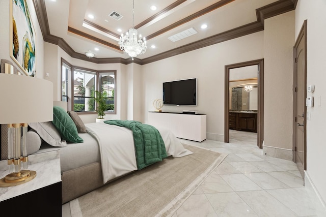 bedroom featuring ornamental molding, a tray ceiling, visible vents, and an inviting chandelier